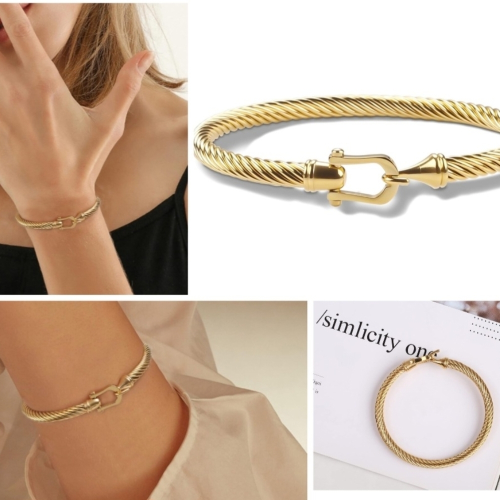 NIB Twisted Cable Bracelet 18kt Gold P Stainless Steel Cable Bracelet Hook Clasp